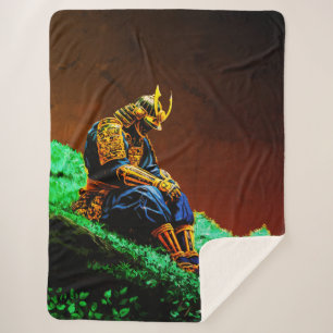 Samurai Warrior in Golden Armour – Epic Japanese Sherpa Blanket