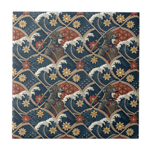 Samurai Warrior & Ocean Wave Japanese Pattern Art Tile