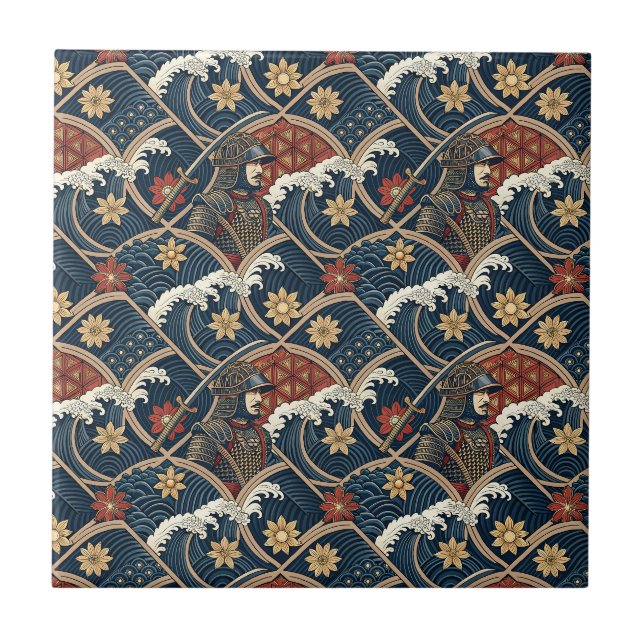 Samurai Warrior & Ocean Wave Japanese Pattern Art Tile (Front)