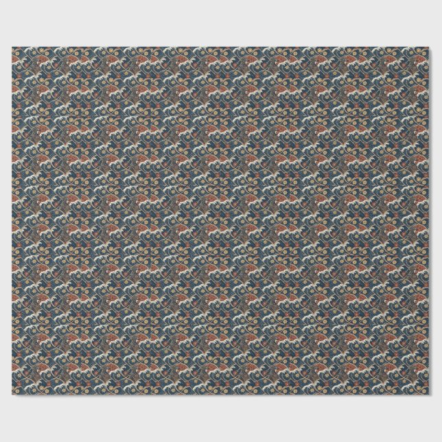 Samurai Warrior & Ocean Wave Japanese Pattern Art Wrapping Paper (Flat)
