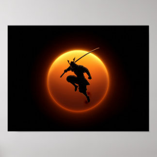Samurai Warrior Silhouette Against Orange Sun Poster