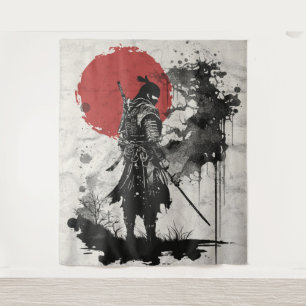 Samurai warriors, surrounded by ink sprays. tapestry