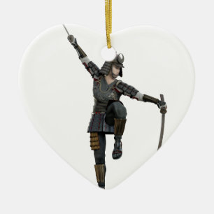 Samurai with 2 swords looking down to the left ceramic tree decoration