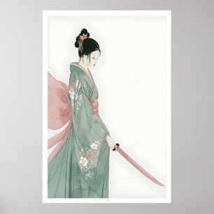 Samurai Woman Wall Art Pink and Green Floral