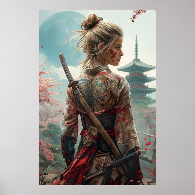 Samurai woman warrior with katana — Japanese cultu Poster (Front)
