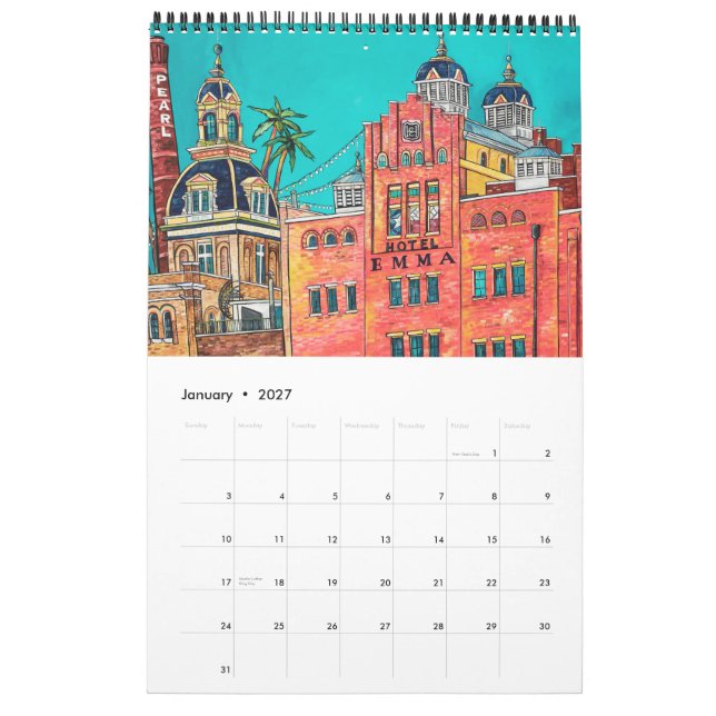 San Antonio Single Page Calendar (Jan 2027)