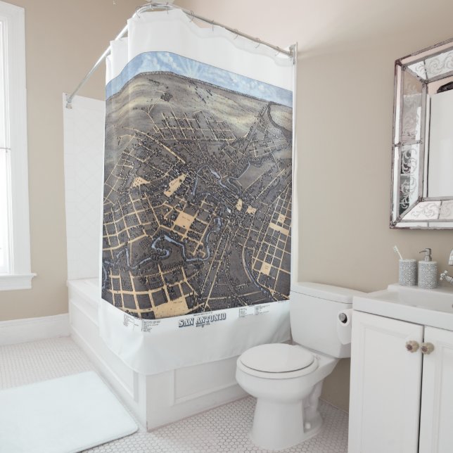 San Antonio, Texas, Antique Aerial City Map, 1873 Shower Curtain (In Situ)