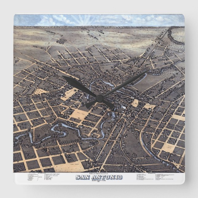 San Antonio, Texas, Antique Aerial City Map, 1873 Square Wall Clock (Front)