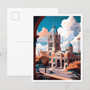 San Antonio Texas Art Vintage Travel Illustration Postcard