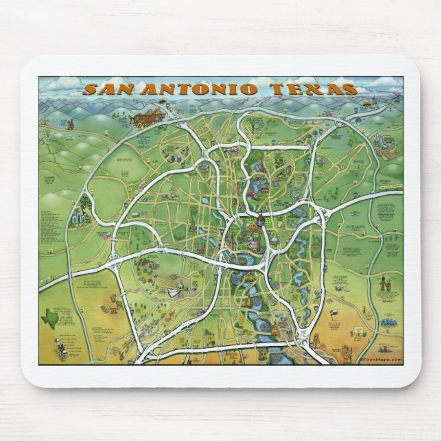 San Antonio Texas Cartoon Map Mouse Mat (Front)