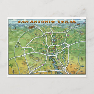 San Antonio Texas Cartoon Map Postcard
