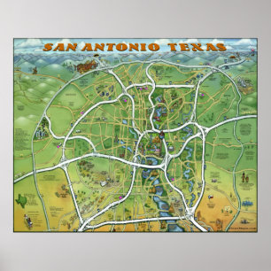 San Antonio Texas Cartoon Map Poster