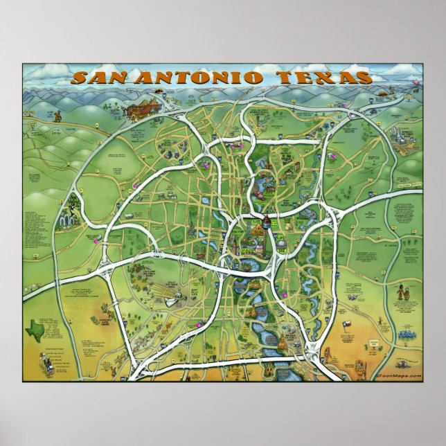 San Antonio Texas Cartoon Map Poster (Front)