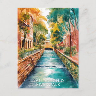  San Antonio, Texas, Riverwalk Watercolor Painting Postcard
