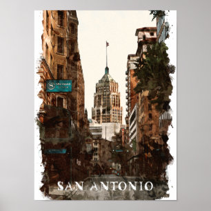 San Antonio Texas Vintage City Travel Watercolor Poster