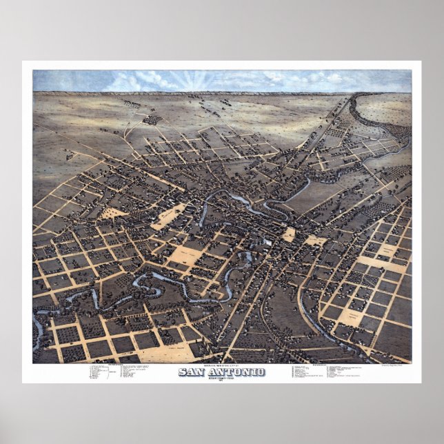 San Antonio TX Panoramic Map DIGITALLY REMASTERED Poster (Front)