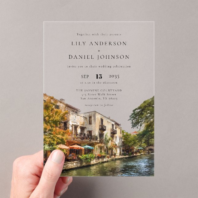 San Antonio Watercolor Destination Wedding Acrylic Invitations (Insitu (Handheld))