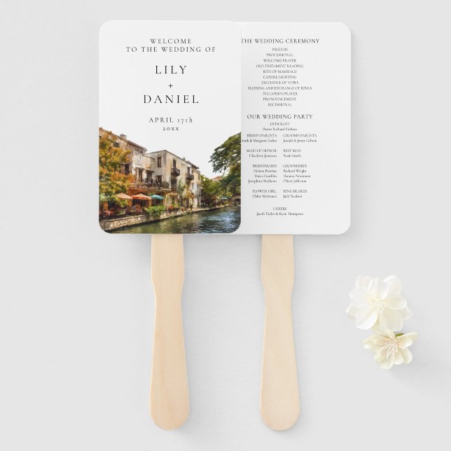 San Antonio Watercolor Wedding Program Hand Fan (Front and Back)