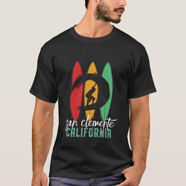 San Clemente Beach California Retro Surfing T-Shirt (Front)