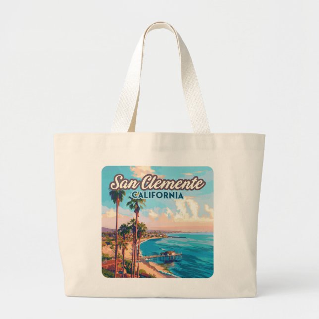 San Clemente California Beach Orange County Retro Large Tote Bag (Front)