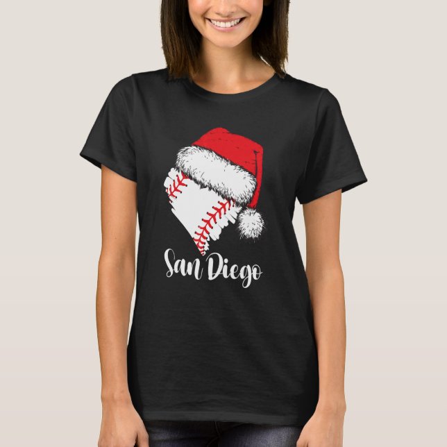 San Diego Baseball Heart Santa Hat Merry Xmas T-Shirt (Front)