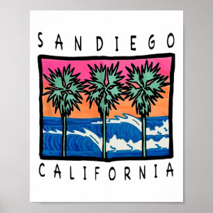 San Diego Beach Waves Vintage Surfing Graphic Poster