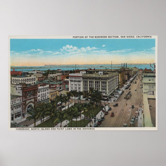 San Diego, CA - Bird's Eye View of Downtown Poster (Front)