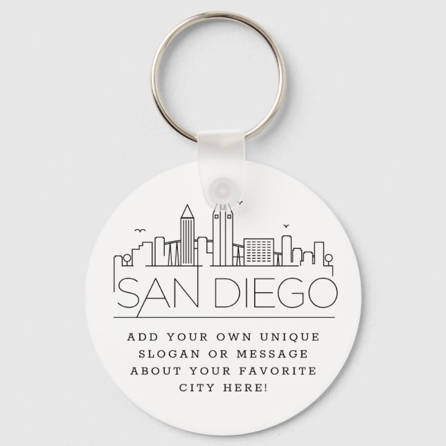 San Diego, CA Stylized Skyline | Custom Slogan Key Ring (Front)