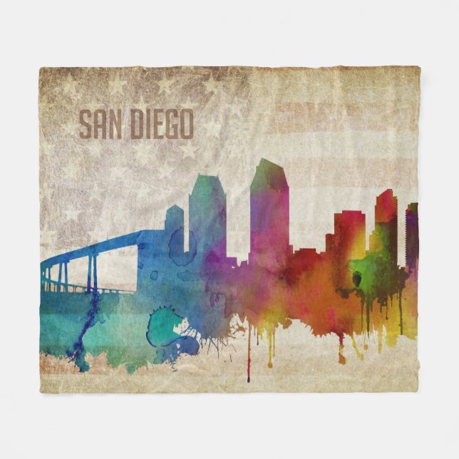 San Diego, CA | Watercolor City Skyline Fleece Blanket (Front (Horizontal))