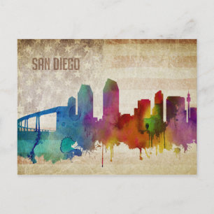 San Diego, CA Watercolor City Skyline Postcard