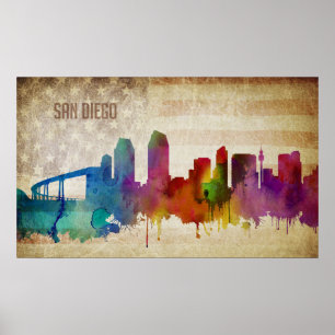 San Diego, CA Watercolor City Skyline Poster