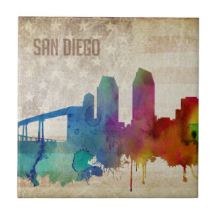 San Diego, CA Watercolor City Skyline Tile