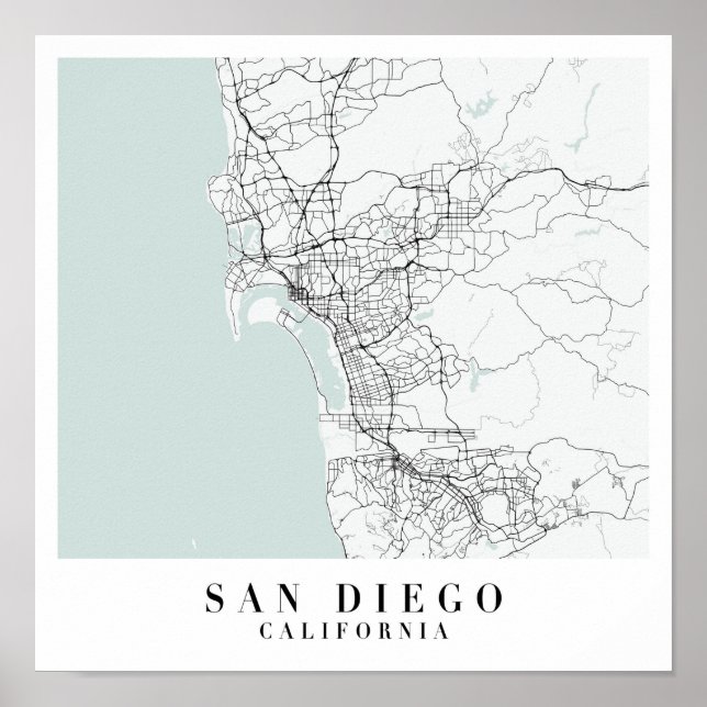 San Diego California Blue Water Street Map Poster (Front)
