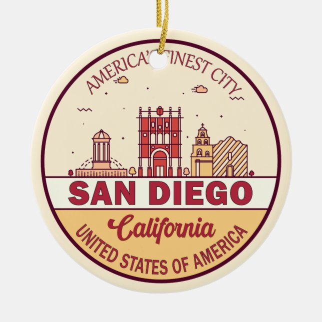 San Diego California City Skyline Emblem Ceramic Tree Decoration (Front)