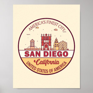 San Diego California City Skyline Emblem Poster