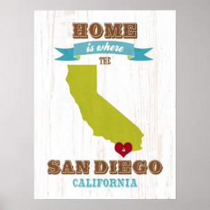 San Diego, California Map – Home Is Where The Hear Poster