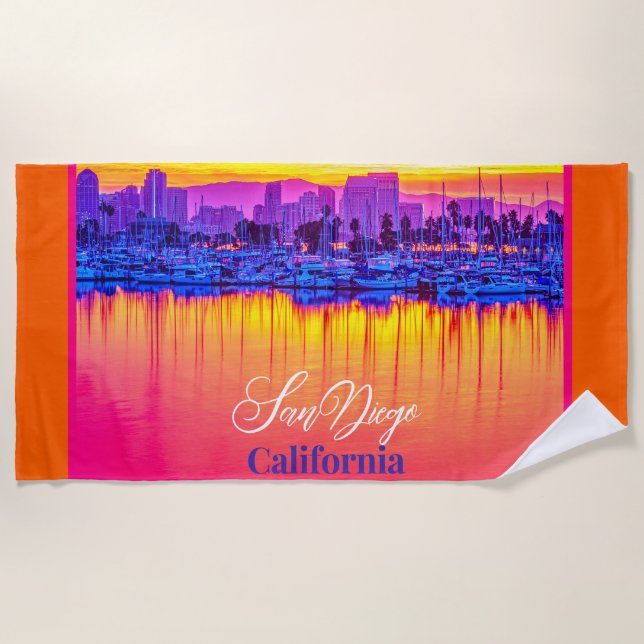 San Diego, California Neon Colour - Sunset Beach Towel (Front)