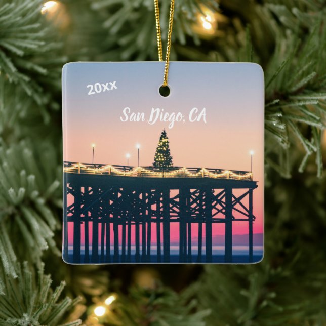 San Diego California Pink Blue memory message foto Ceramic Ornament (Tree)