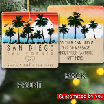 San Diego California Retro Sunset Palm tree 60s Ceramic Ornament<br><div class="desc">San Diego retro beach design for vacation. San Diego California Cities Vintage souvenir for travel to California Beach Towns. San Diego beach artwork for California vacationers and backpackers. San Diego retro souvenir. Design for backpackers and travel to California . Beach with Vintage souvenir for seaside vacationers. - You can personalise...</div>