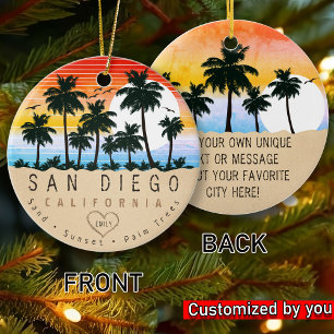 San Diego California Retro Sunset Palm tree 60s Ceramic Tree Decoration