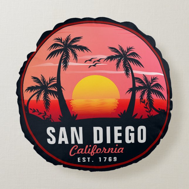 San Diego California Retro Sunset Souvenirs 60s Round Cushion (Front)