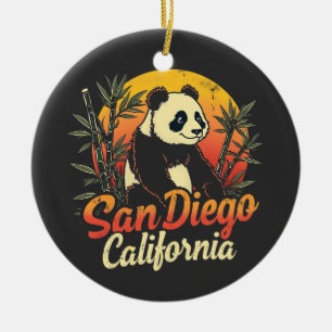 San Diego California Retro Sunset Vintage Panda Ceramic Tree Decoration