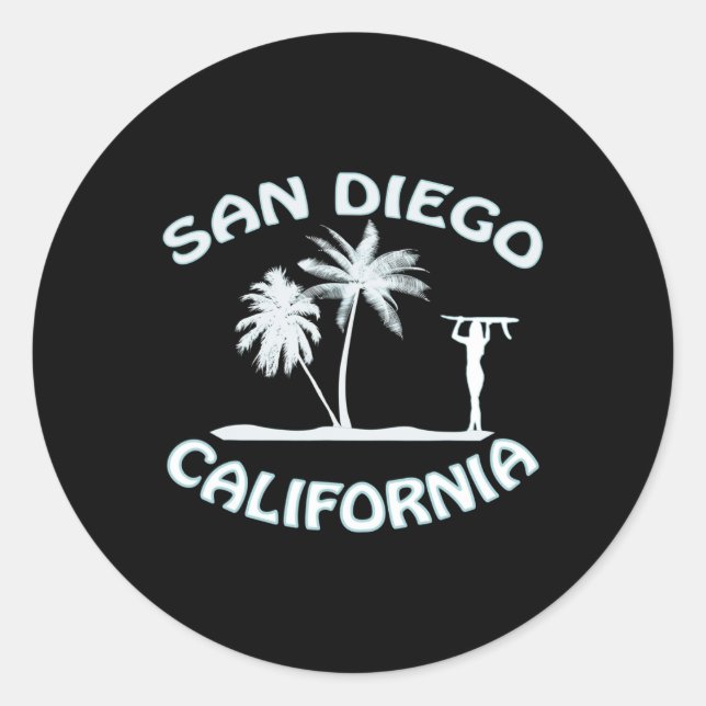 San Diego California Retro Surfing Beach Surf Girl Classic Round Sticker (Front)