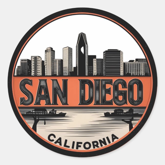 San Diego California Skyline–Modern Cityscape Art Classic Round Sticker (Front)