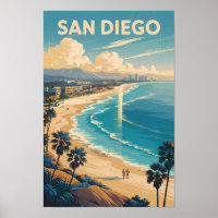 San Diego California Skyline Travel Art Vintage