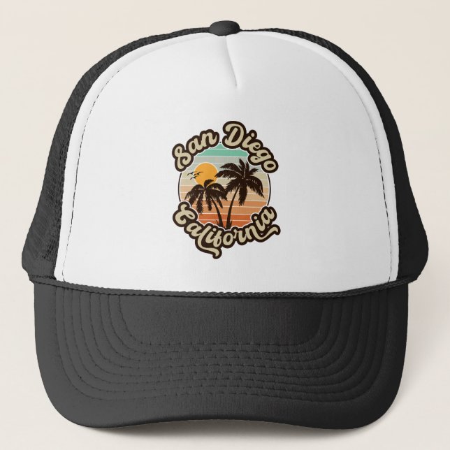 San Diego California Sunset Palm Trees Souvenirs Trucker Hat (Front)
