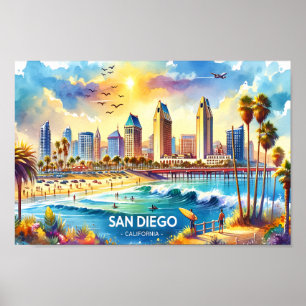 San Diego California Travel Places watercolor Poster