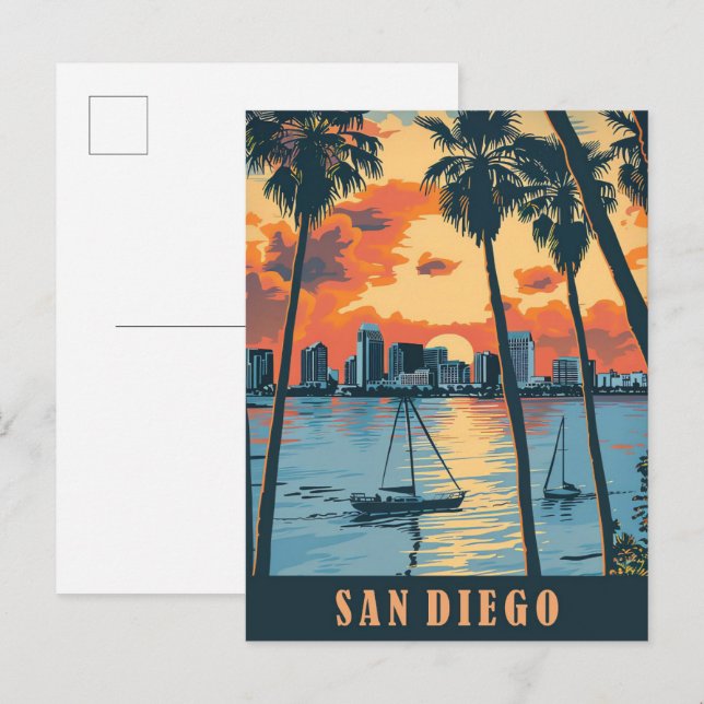 San Diego California Vintage Travel Illustration Postcard (Front/Back)