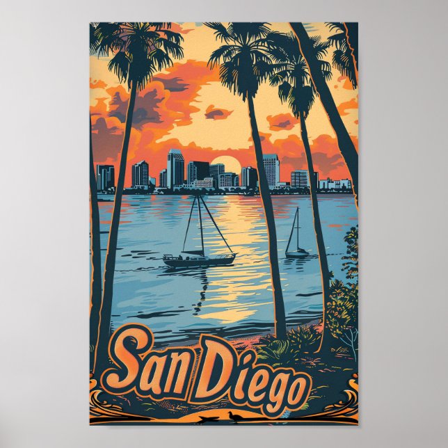 San Diego California Vintage Travel Illustration Poster (Front)