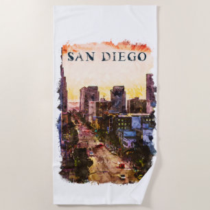San Diego California Watercoloer Sunset View Beach Towel